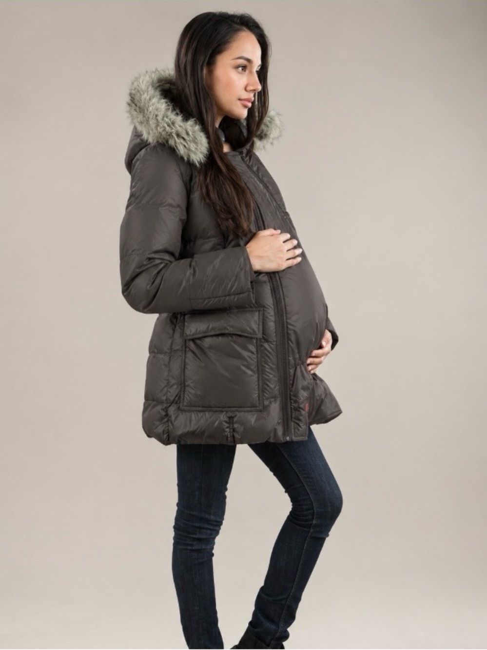 The M Coat Maternity Down Filled Winter Jacket in Matte Brown size S with Fur